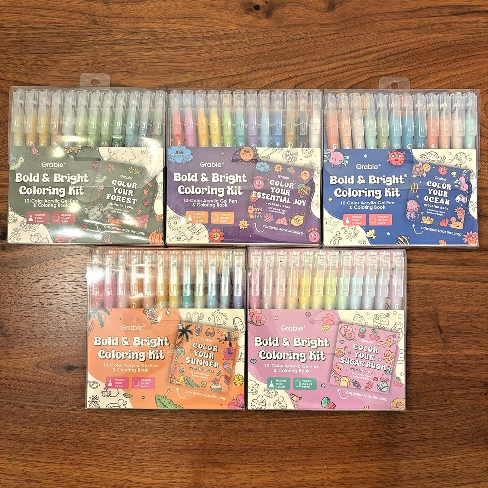 Grabie Bold & Bright Coloring Kits Set of 5 Acrylic Gel Pens Coloring Books NEW
